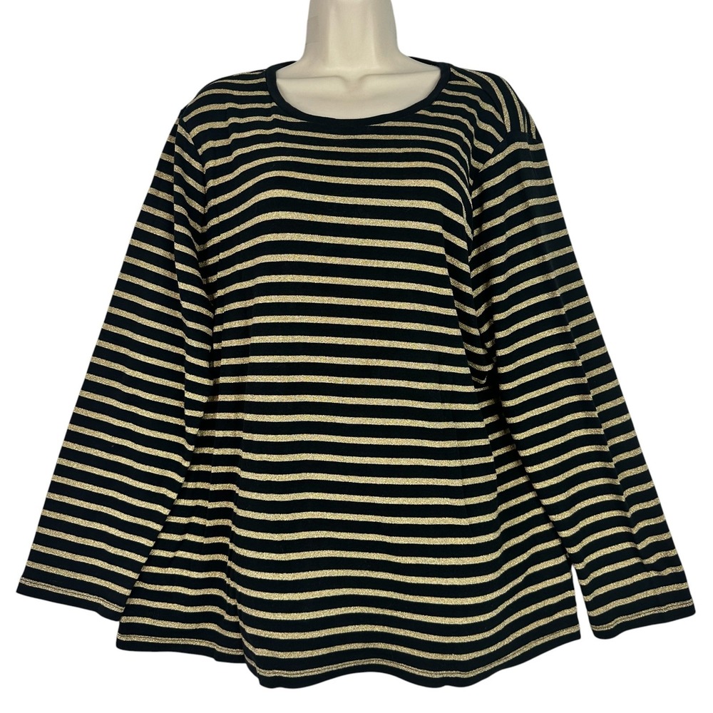 Lauren Ralph Lauren Black & Gold Metallic Stripe Long Sleeve Top Women's 3X